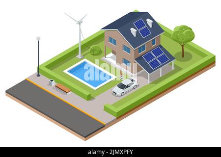 Isometrisches modernes Haus mit Sonnenkollektoren und Windkraftanlagen. Grünes Öko-Haus. Energieeffizientes Haus Stock Vektor