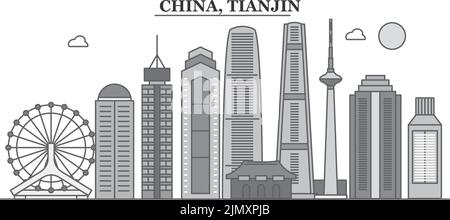 China, Skyline von Tianjin isolierte Vektorgrafik, Ikonen Stock Vektor