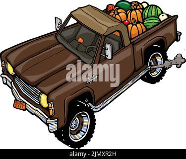 Brauner Herbst-LKW mit Kürbissen im Rücken Stock Vektor
