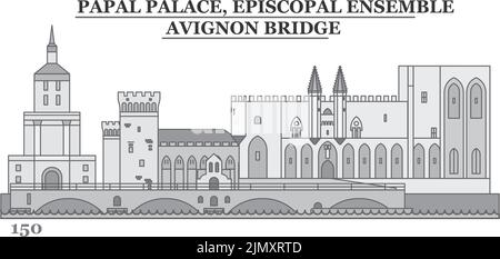 Frankreich, Papstpalast, Episcopal Ensemble-Avignon Bridge Skyline isolierte Vektor-Illustration, Ikonen Stock Vektor