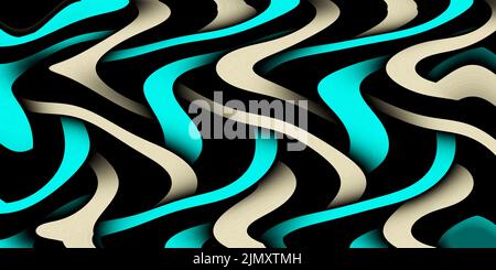 Mehrfarbige gekrümmte Linien Hintergrund. Glänzendes Wellenmuster. Abstrakte psychedelisch Illustration. Breites Bild. 3D Rendern Stockfoto