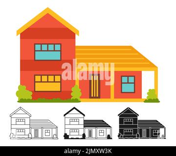 Haus vorne flach Cartoon oder graviert, Tintenstempel oder lineare Doodle Set. Vintage Dorffassade, kleine und kleine Häuser. Moderne, gemütliche Gebäude. Wohnsiedlung, Ferienhaus oder Villa Apartment Design Stock Vektor