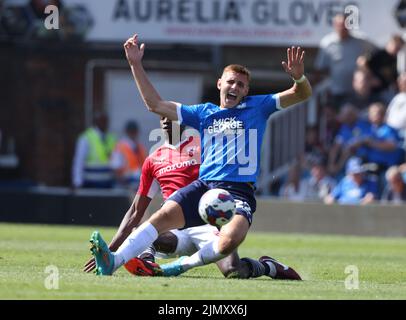 Peterborough, Großbritannien. 06. August 2022. Hector Kyprianou (PU) beim Peterborough United gegen Morecambe, EFL League One Match, im Weston Homes Stadium, Peterborough, Cambridgeshire. Kredit: Paul Marriott/Alamy Live Nachrichten Stockfoto