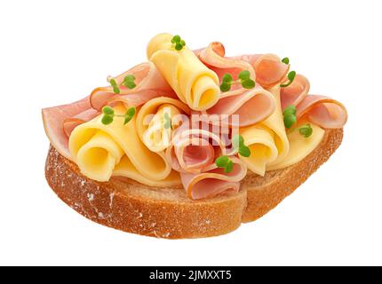 Brot mit Schinken- und Käsescheiben isoliert auf weißem Hintergrund Stockfoto