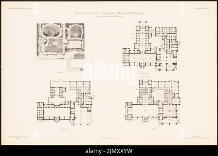 Ostendorf Friedrich (1871-1915), Fest- und Sozialzentrum der Deutschen Marine. (Aus: Entwürfe von Mitgliedern der AVB, neue Folge 1898/99) (1898-1899): Lageplan, Lageplan Keller, EG, 1.. Stock. Leichter Druck auf Papier, 30,4 x 45,5 cm (einschließlich Scankanten) Stockfoto