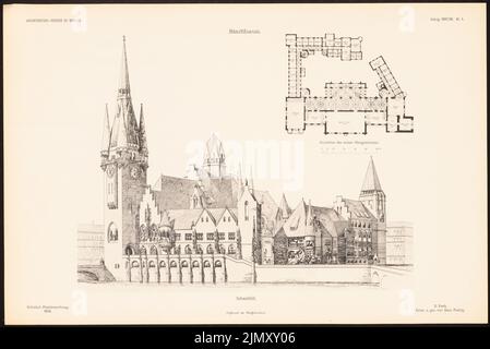 Poelzig Hans (1869-1936), Stadthaus. (Aus: Entwürfe von Mitgliedern der AVB, neue Folge 1897/98) (1897-1898): Perspektivische Ansicht, Grundriß 1.. Leichter Druck auf Papier, 30,6 x 45,8 cm (einschließlich Scankanten) Stockfoto