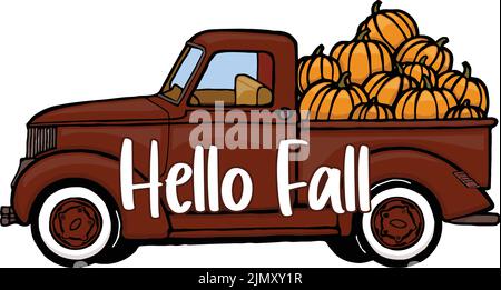 Dieses Clip Art zeigt einen 1950s Pickup Truck mit Kürbissen auf der Rückseite und der Text hallo fallen in der Mitte. Stock Vektor