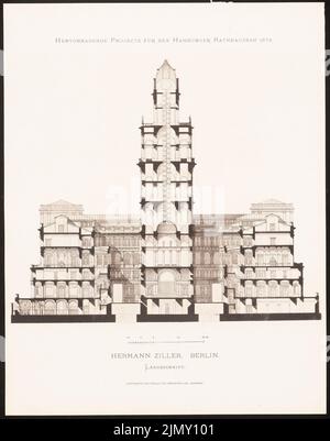 Ziller Hermann (1843-1915), hervorragende Projekte für das Hamburger Rathaus 1876 (1876-1876): Längsschnitt. Leichter Druck auf Papier, 45,2 x 35,5 cm (einschließlich Scankanten) Stockfoto