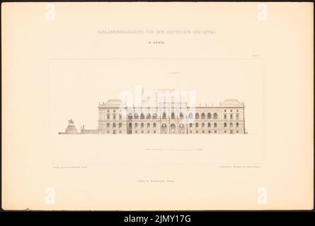 Ende & Böckmann, Parlamentsgebäude für den Deutschen Reichstag in Berlin 1872. (Aus: Sammelmappe ausgezeichneter Wettbewerbsentwürfe H. 4, 1882.) (1872-1872): Blick nach Süden. Leichter Druck auf Papier, 32,8 x 48,6 cm (einschließlich Scankanten) Stockfoto