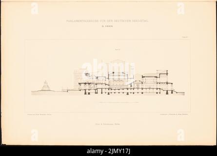 Ende & Böckmann, Parlamentsgebäude für den Deutschen Reichstag in Berlin 1872. (Aus: Sammelmappe ausgezeichneter Wettbewerbsentwürfe H. 4, 1882.) (1872-1872): Schnitt c.. Leichter Druck auf Papier, 32,7 x 48,5 cm (einschließlich Scankanten) Stockfoto