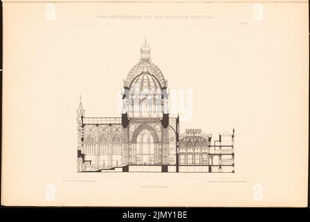 Scott George Gilbert (1811-1878), Parlamentsgebäude für den Deutschen Reichstag in Berlin 1872. (Aus: Sammelmappe ausgezeichneter Wettbewerbsentwürfe H. 4, 1882.) (1872-1872): Querschnitt. Leichter Druck auf Papier, 32,7 x 48,9 cm (einschließlich Scankanten) Stockfoto