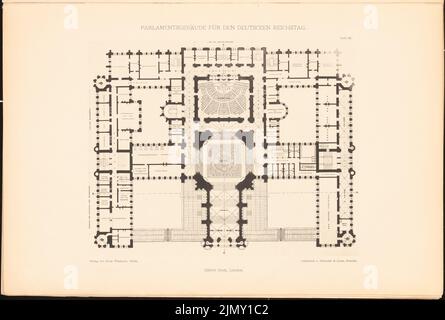 Scott George Gilbert (1811-1878), Parlamentsgebäude für den Deutschen Reichstag in Berlin 1872. (Aus: Sammeln Sie Ordner mit ausgezeichneten wettbewerbsfähigen Designs H. 4, 1882.) (1872-1872): Grundriss EG. Leichter Druck auf Papier, 32,9 x 48,8 cm (einschließlich Scankanten) Stockfoto