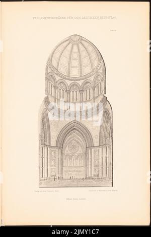 Scott George Gilbert (1811-1878), Parlamentsgebäude für den Deutschen Reichstag in Berlin 1872. (Aus: Sammelmappe ausgezeichneter Wettbewerbsentwürfe H. 4, 1882.) (1872-1872): Perspektische Innenansicht. Leichter Druck auf Papier, 48,8 x 32,6 cm (einschließlich Scankanten) Stockfoto