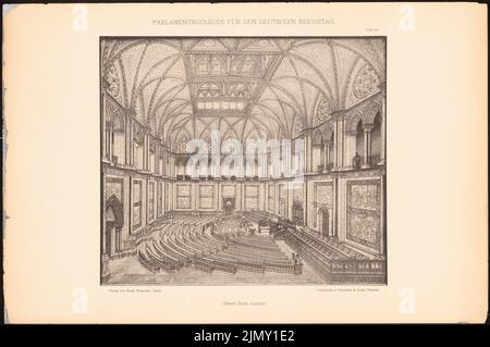 Scott George Gilbert (1811-1878), Parlamentsgebäude für den Deutschen Reichstag in Berlin 1872. (Aus: Sammelmappe ausgezeichneter Wettbewerbsentwürfe H. 4, 1882.) (1872-1872): Perspectic Innenansicht Sitzungssaal. Leichter Druck auf Papier, 32,5 x 48,9 cm (einschließlich Scankanten) Stockfoto