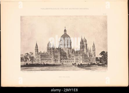 Scott George Gilbert (1811-1878), Parlamentsgebäude für den Deutschen Reichstag in Berlin 1872. (Aus: Sammelmappe ausgezeichneter Wettbewerbsentwürfe H. 4, 1882.) (1872-1872): Perspektivische Ansicht. Leichter Druck auf Papier, 33,2 x 49,1 cm (einschließlich Scankanten) Stockfoto