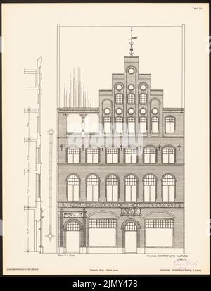 Baltzer Johannes (1862-1940), Fassadenentwürfe für Lübeck. Das Ergebnis d. Wettbewerb, beworbene d. Verein der Lübecker Kunstliebhaber, edit. v. Richard Landé, Leipzig 1 (1901-1901): Ansicht, Fassadenschnitt. Druck auf Papier, 43 x 32,8 cm (einschließlich Scankanten) Stockfoto