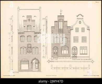 Baltzer Johannes (1862-1940), Fassadenentwürfe für Lübeck. Das Ergebnis d. Wettbewerb, beworbene d. Verein der Lübecker Kunstliebhaber, edit. v. Richard Landé, Leipzig 1 (1901-1901): Ansichten, Fassadenschnitte vertikal, horizontal. Druck auf Papier, 32,8 x 42,7 cm (einschließlich Scankanten) Stockfoto