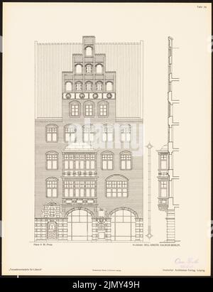 Sackur Walther (geb. 1871), Fassadenentwürfe für Lübeck. Das Ergebnis d. Wettbewerb, beworbene d. Verein der Lübecker Kunstliebhaber, edit. v. Richard Landé, Leipzig 1 (1901-1901): Ansicht, Fassadenschnitt. Druck auf Papier, 42,8 x 32,8 cm (einschließlich Scankanten) Stockfoto