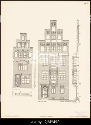 Sackur Walther (geb. 1871), Fassadenentwürfe für Lübeck. Das Ergebnis d. Wettbewerb, beworbene d. Verein der Lübecker Kunstliebhaber, edit. v. Richard Landé, Leipzig 1 (1901-1901): Ansichten, Fassadenschnitte vertikal, horizontal. Druck auf Papier, 42,9 x 32,9 cm (einschließlich Scankanten) Stockfoto