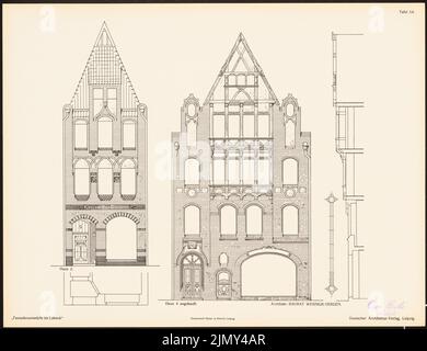 Wesnigk Richard (geb. 1854), Fassadenentwürfe für Lübeck. Das Ergebnis d. Wettbewerb, beworbene d. Verein der Lübecker Kunstliebhaber, edit. v. Richard Landé, Leipzig 1 (1901-1901): Ansichten, Fassadenschnitte vertikal, horizontal. Druck auf Papier, 32,8 x 42,7 cm (einschließlich Scankanten) Stockfoto