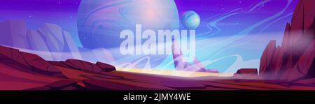 Raum Landschaft Cartoon Illustration. Vektor-Panorama von fantastischen außerirdischen Planeten mit roten felsigen Oberfläche und viele Sterne am Horizont leuchten. Kosmische Abenteuer Spiel Hintergrund. Galaxienforschung Stock Vektor