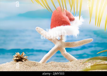 Weißer Seestern mit Weihnachtsmannshut mit Kegel am Strand hinter dem Meer. Weihnachts-, Neujahrskarte. Urlaub in heißen Ländern Stockfoto