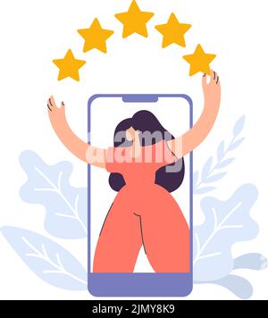 Frau vom Smartphone geben Feedback Bewertung 5 Sterne. Vector Flat People Zufrieden Kunden Illustration mit 5 Sterne Bewertung. Online-Shopping mit Stock Vektor