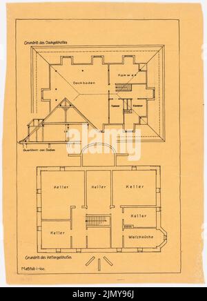 Rüster Emil (1883-1949), Haus Dr. Wilmanns (1918): Grundriss DG und UG, Dachquerschnitt 1: 100. Tinte auf Transparent, 42 x 30,3 cm (einschließlich Scankanten) Stockfoto