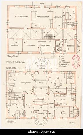 Rüster Emil (1883-1949), Haus Dr. Wilmanns (08/19/1918): Grundriss EG und OG 1: 100. Bleistift über Farbstift und Tinte auf Papier, 33,6 x 21,4 cm (inkl. Kanten scannen) Stockfoto