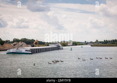 Frachtschiff auf dem Kanal Dortmund-Ems bei Greven, Nordrhein-Westfalen, Deutschland. Frachtschiff auf dem Dortmund-Ems-Kanal bei Greven, Nordrhein-Westfalen Stockfoto