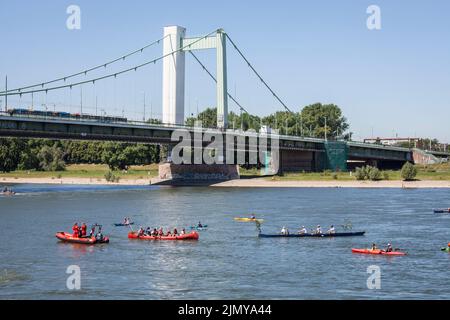 Die Mülheimer Brücke über den Rhein, Ruderer und Kajakfahrer, Köln, Deutschland. Die Mülheimer Brücke über den Rhein, Ruderer und Kajakfahrer, Köln, Deu Stockfoto