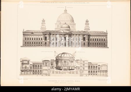 Ferstel, Heinrich Freiherr von (1828-1883), Parlamentsgebäude für den Deutschen Reichstag in Berlin 1882. (Aus: Sammeln Sie Ordner mit ausgezeichneten wettbewerbsfähigen Designs H. 6, Hrsg. Druck auf Papier, 30,6 x 46,6 cm (einschließlich Scankanten) Stockfoto