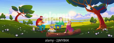 Freunde zelten, Menschen entspannen sich im Waldcamp Gitarre spielen und Tee am Feuer trinken. Männer und Frauen Touristen Sommer Freizeit, Urlaub Wandern oder Reisen touristische Aktivität, Cartoon-Vektor-Illustration Stock Vektor