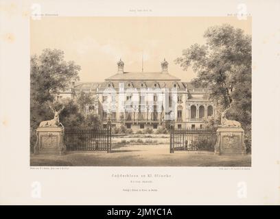 Arnim Ferdinand von (1814-1866), Jagdschloss, Klein Glienicke. (Aus: Architectural Sketchbook, H. 80/3, 1866.) (1866-1866): Perspektivische Seitenansicht. Lithographie auf Papier, 25,7 x 34,9 cm (einschließlich Scankanten) Stockfoto