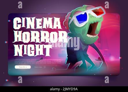 Kino Horror Nacht Landing Page, Cartoon Vorlage. Vektor-Illustration von verrückten Zombie-Kreatur in 3D Gläser auf der Website. Unheimliche Ankündigung des Filmfestivals. Einladung zur Unterhaltung Stock Vektor