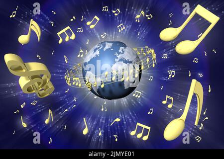 3D Abbildung. Musikalisches Pentagramm dreht sich um die Welt. Im Hintergrund das Universum voller musikalischer Noten. Stockfoto