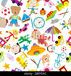 Nahtloses Muster mit Spielzeug auf weißem Hintergrund Stock Vektor