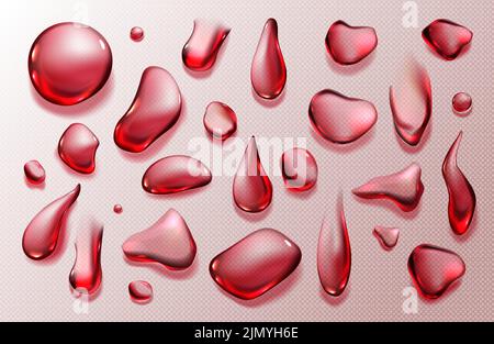 Klare Tropfen Wein, Fruchtgetränk oder Blut isoliert auf transparentem Hintergrund. Vector realistische Satz von roten Wassertropfen, Erdbeer- oder Kirschsaft flüssige Tröpfchen Stock Vektor