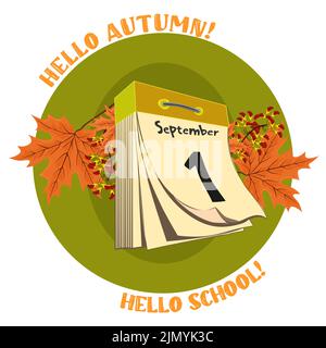 Hallo Herbst. Hallo Schule. Stilvoller Schriftzug mit Herbstakornen und Eicheln. Banner, Post, Rahmen Stock Vektor