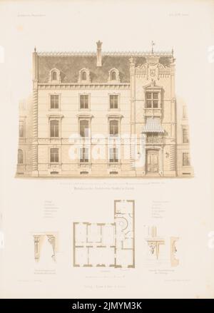 Stadler Ferdinand (1813-1870), Wohnhaus des Architekten Stadler, Zürich. (Aus: Architectural Sketchbook, H. 48/5, 1860.) (1860-1860): Grundriß, Aussicht, Details. Lithographie auf Papier, 35,1 x 25,1 cm (einschließlich Scankanten) Stockfoto