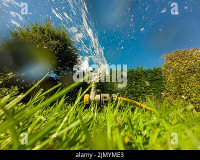 Nahaufnahme eines Sprinklers, der an einem sonnigen Tag einen Rasen bewässert. Aufgenommen aus einem niedrigen Winkel, der in Richtung eines klaren blauen Himmels aufblickt. Stockfoto