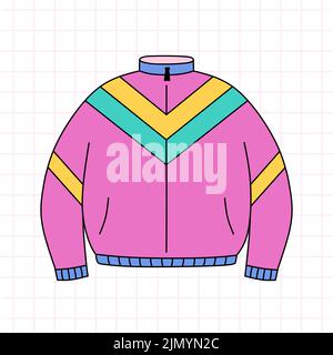 Retro-Sportjacke im Stil der 90s. Old-School-Kleidung. Vektor-handgezeichnete Doodle-Illustration isoliert auf weißem Hintergrund. Nostalgie für die Stock Vektor