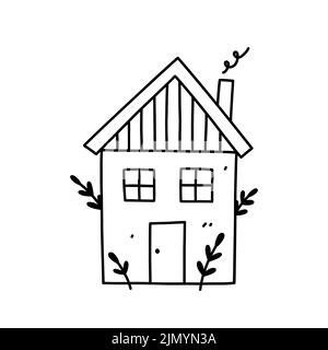 Nettes kleines Haus auf weißem Hintergrund isoliert. Süßes Zuhause. Vektor-handgezeichnete Illustration im Doodle-Stil. Perfekt für Dekorationen, Karten, Logo, Variou Stock Vektor
