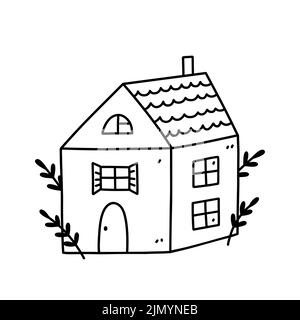 Nettes kleines Haus auf weißem Hintergrund isoliert. Süßes Zuhause. Vektor-handgezeichnete Illustration im Doodle-Stil. Perfekt für Dekorationen, Karten, Logo, Variou Stock Vektor