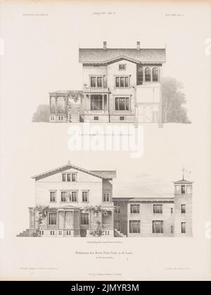 Gropius & Schmieden, Wohnhaus Felix Coste, St. Louis. (Aus: Architectural Sketchbook, H. 86/4, 1867.) (1867-1867): Blick von hinten, Seitenansicht, Schnitt. Lithographie auf Papier, 33,4 x 25,2 cm (einschließlich Scankanten) Stockfoto