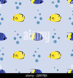 Fischmuster. Nahtloses Aquarell blau und gelb Fisch. Vektorgrafik für den Seeweg Stock Vektor