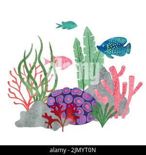 Bunte Aquarell-Korallenriff-Szene mit Fischen. Vektorgrafik Marine. Stock Vektor