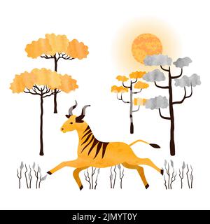 Cartoon laufende Antilope und Bäume. Afrikanisches Tier. Vektor Aquarell Savanne Illustration. Stock Vektor