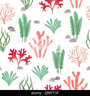 Nahtloses Meeresmuster mit Korallen und Algen. Unterwasseralgen. Vektor Aquarell marine Illustration. Stock Vektor