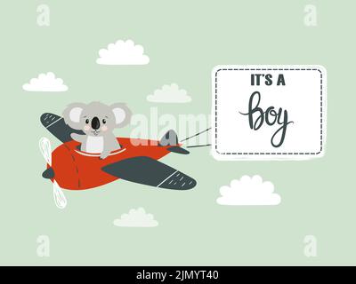 Grußkarte für Baby-Dusche-Junge. Niedlicher Koala-Pilot im Flugzeug. Stock Vektor